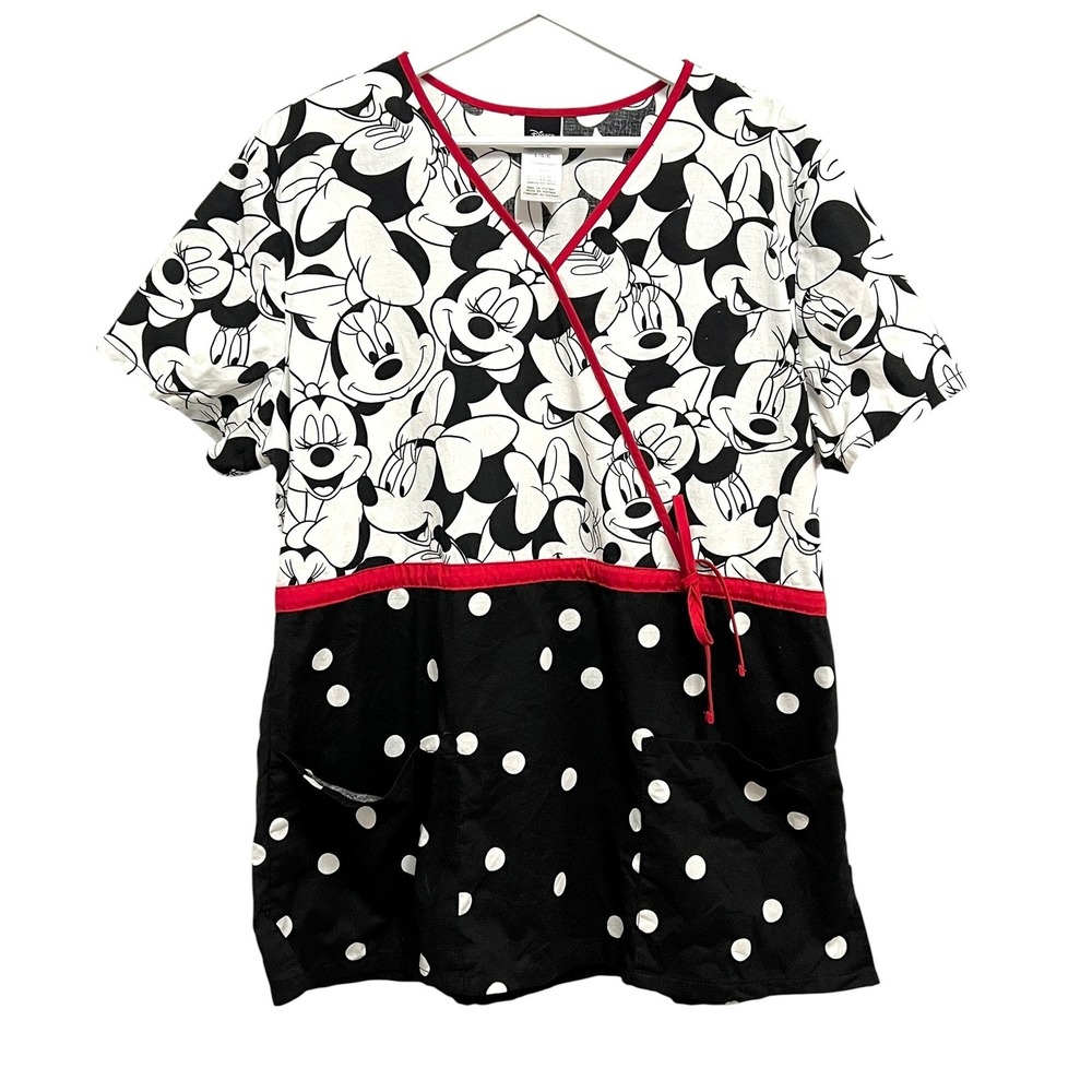 Disney Scrub Top Womens L Black White Minnie Mouse Polka Dot Mock Wrap Medical